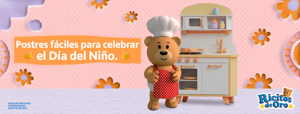 Osito de Ricitos de Oro vestido de chef con gorro y mandil rojo de lunares, frente a una cocinita infantil, celebrando el Día del Niño con postres fáciles.