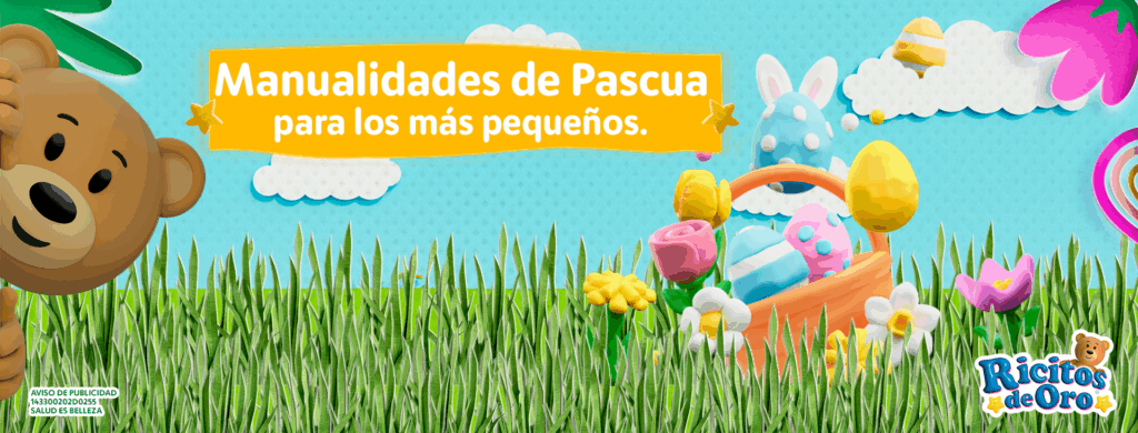 Osito de Ricitos de Oro asomándose entre el pasto, junto a un colorido canasto de Pascua lleno de huevos decorados y flores hechas a mano.